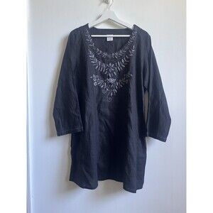 Abrazo Style Embroidered Tunic Black Shirt Sz XL Linen Blend Lagenlook boho cott